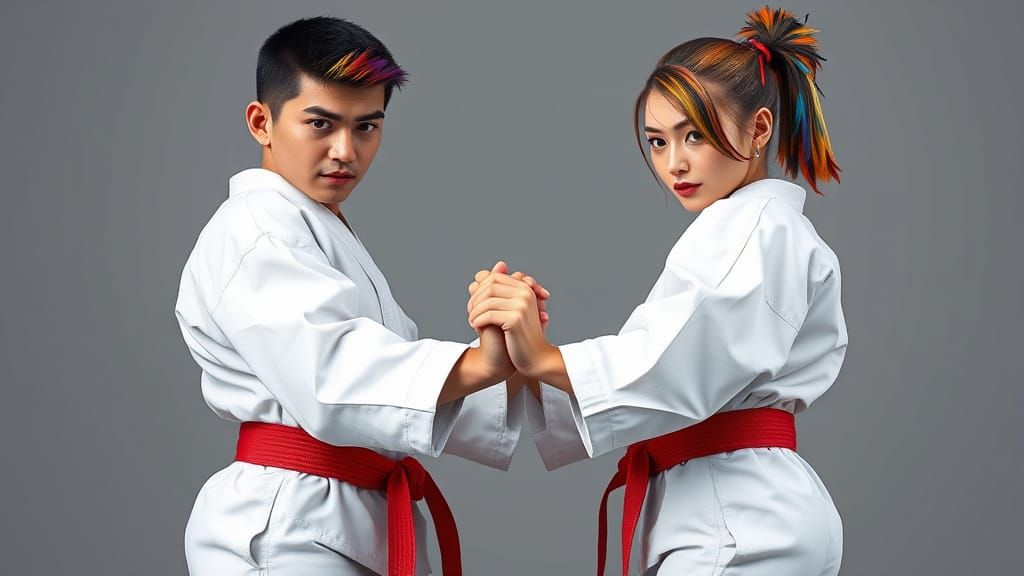Karate Duo in Fighting Pose, 3D Rendered Comic Art