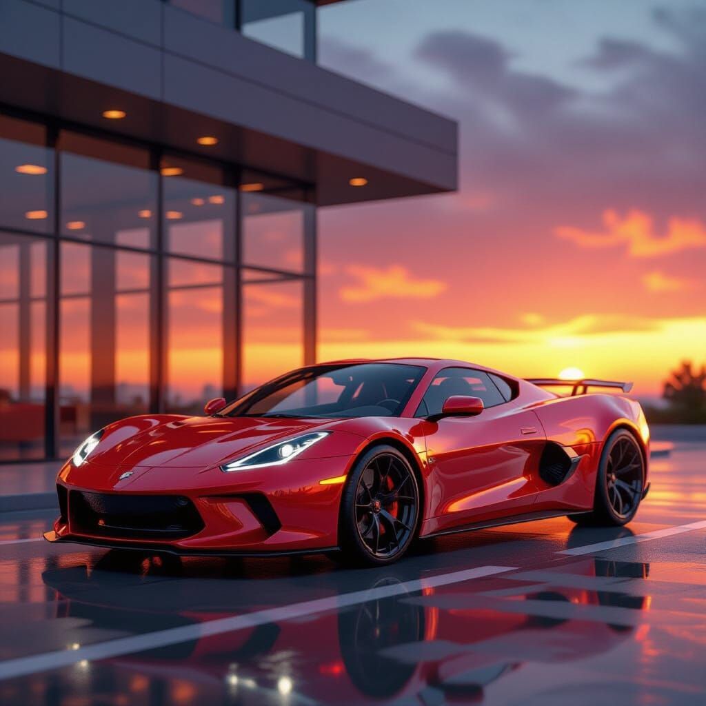 Red Sports Car at Sunset: Hyperrealistic Digital Art