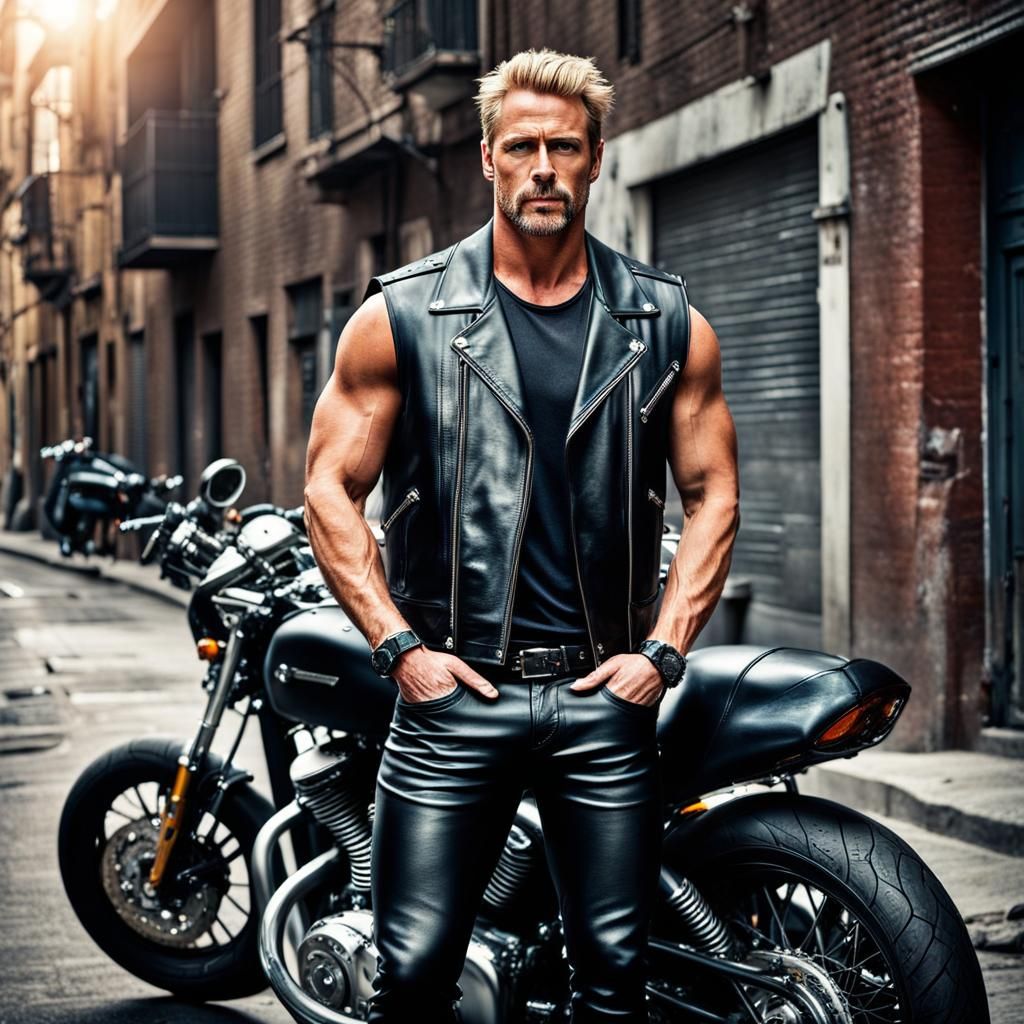 Hyperrealistic Biker in Leather in Moody Alleyway