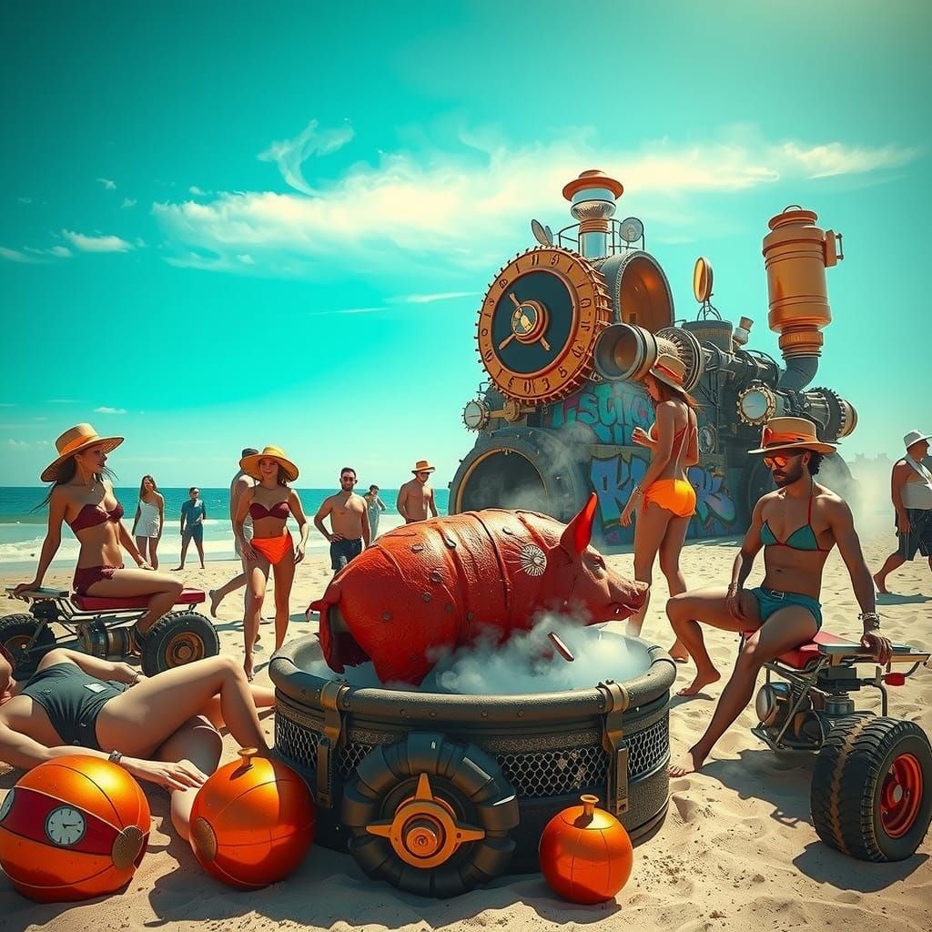 Steampunk Beachside Gathering in a Vibrant, Green-Hazed Cali...