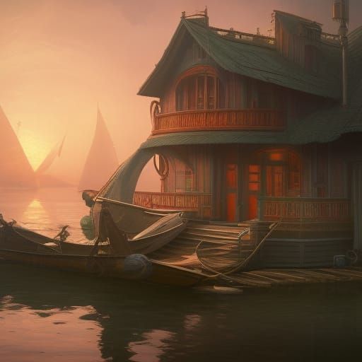 Hyperdetailed Houseboat Concept Art in Orange and Teal