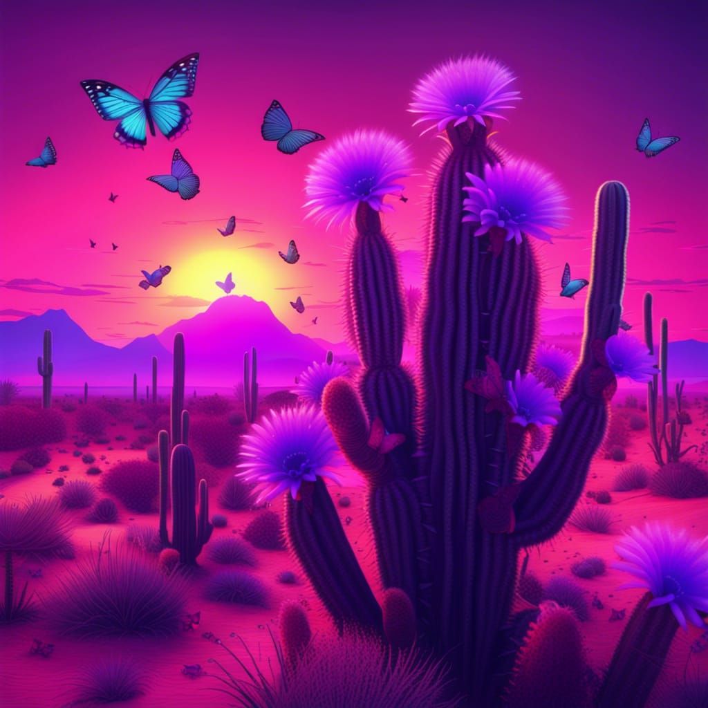 Desert Sunset with Cactus and Butterflies in Neon Style