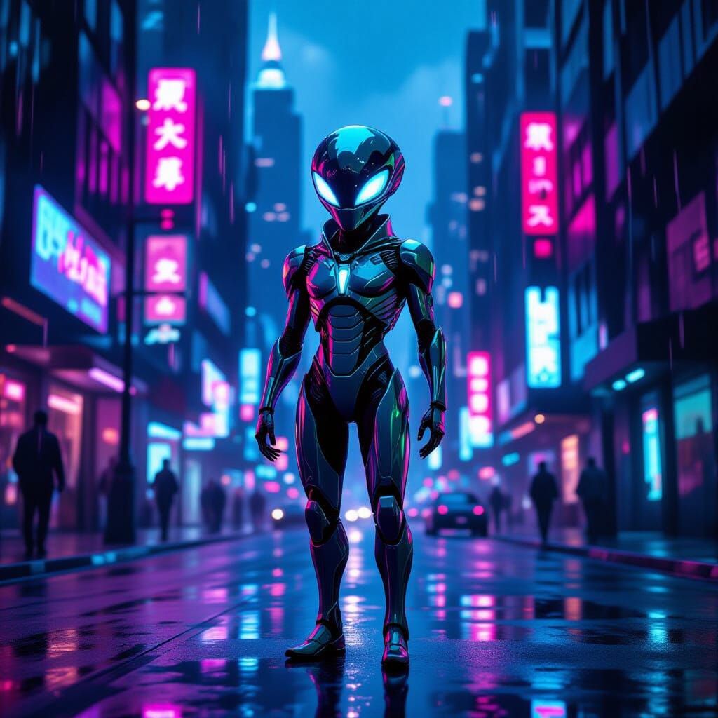 Bioluminescent Alien on Neon Cyberpunk Street
