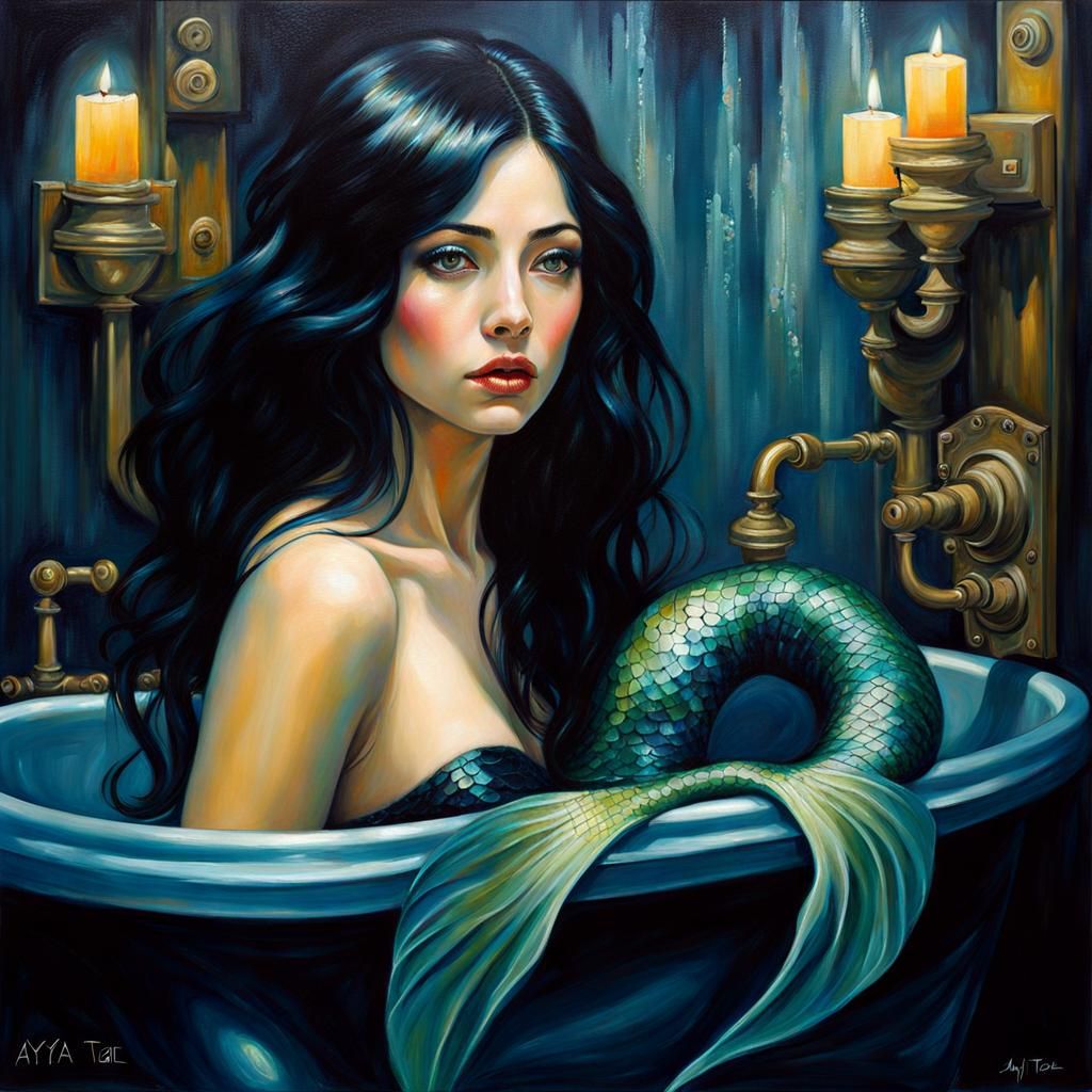 Gothic Mermaid in Noir Bathroom: Oil Painting Portrait