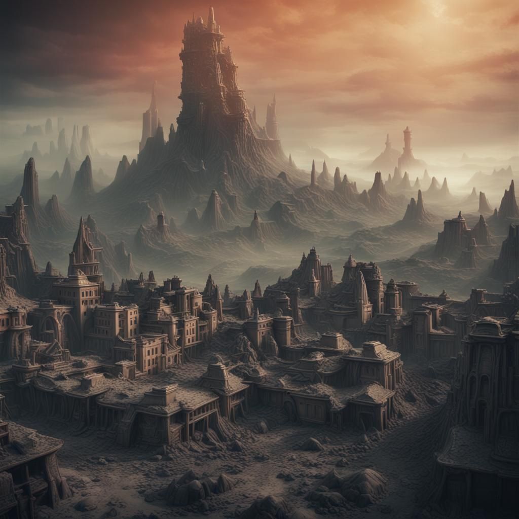 Fantasy city covered in volcanic ash