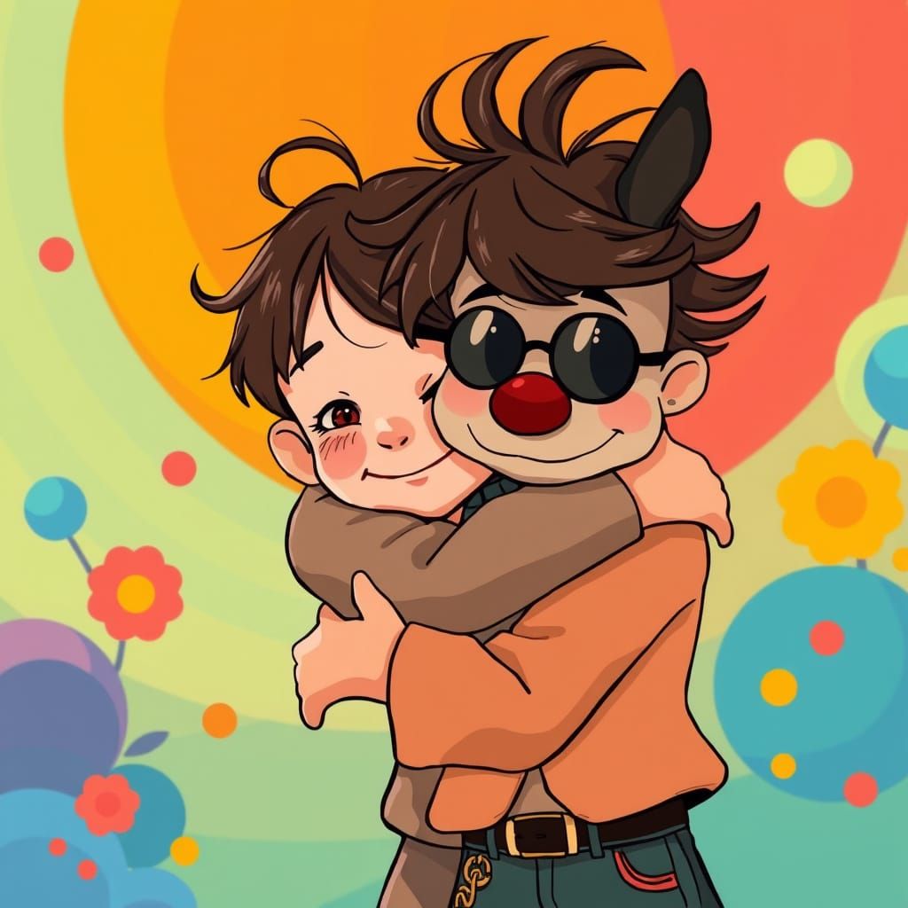 Heartfelt Hug in Whimsical Dreamlike Scene