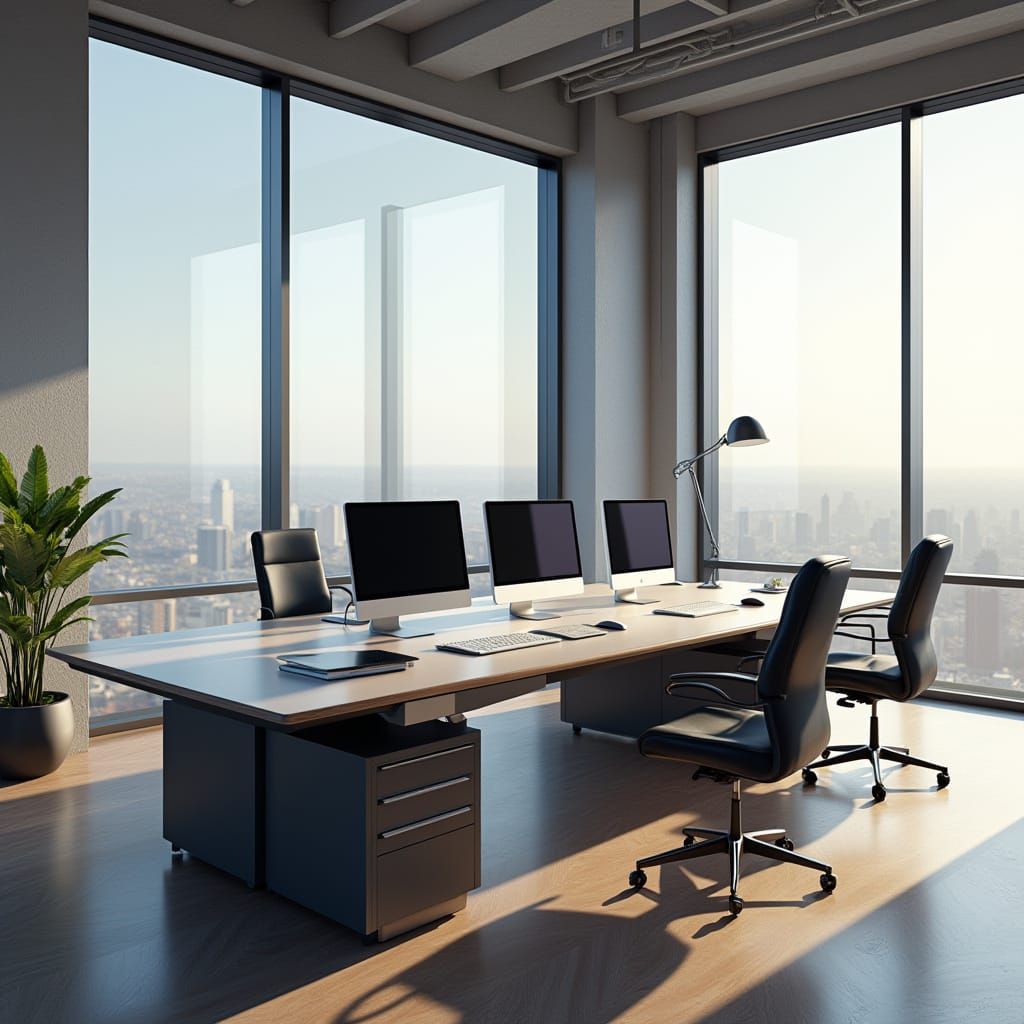 Vacant Modern Office with Big Desk, Photorealistic Style