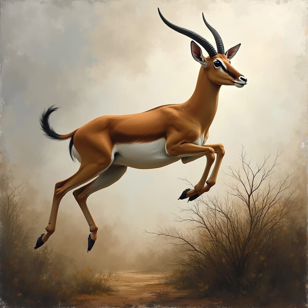 Gazelle Leaping Over Bush in Abstract Oil Painting Style