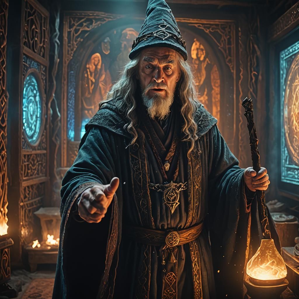 Wizard Stares at TV in Cinematic Film Still