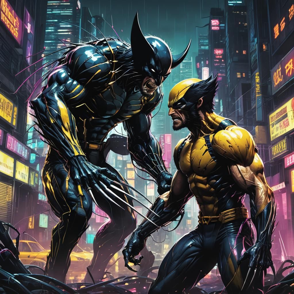 Wolverine vs Symbiote: Cyberpunk Neon Showdown