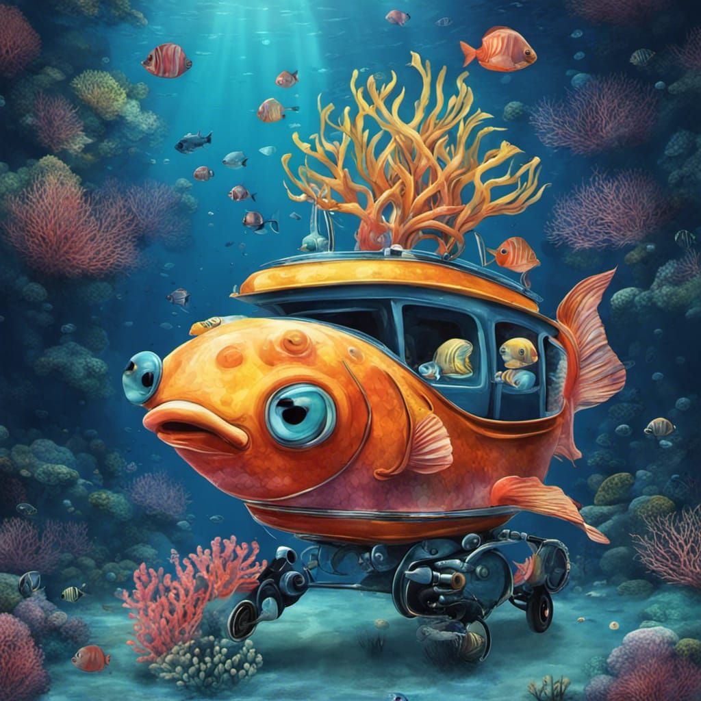 Fish Car Swimming in a Beautiful Deep Sea