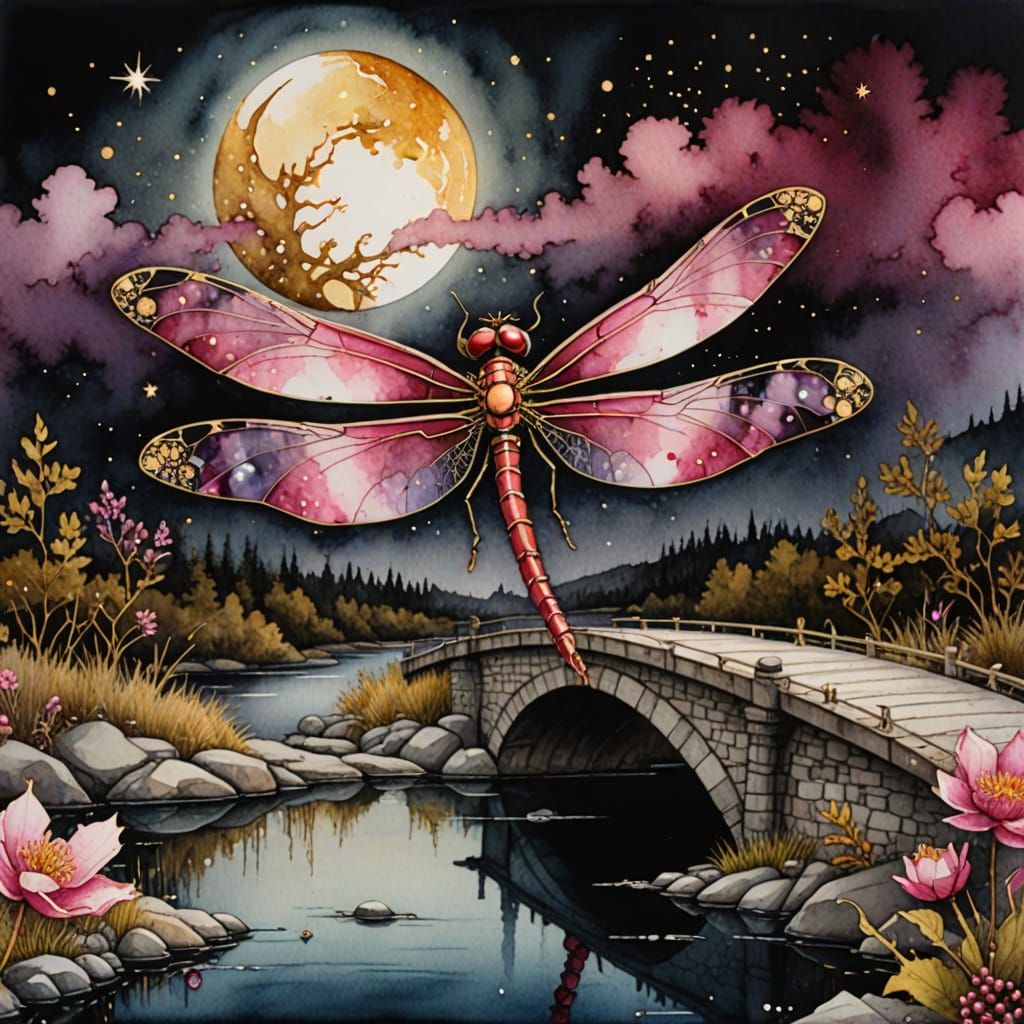 Detailed Abstract Watercolor Dragonfly with Crescent Moon