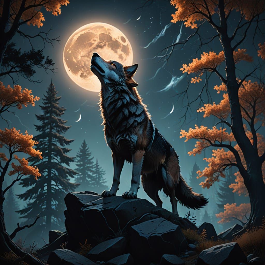 Wolf in a Mystical Moonlit Forest