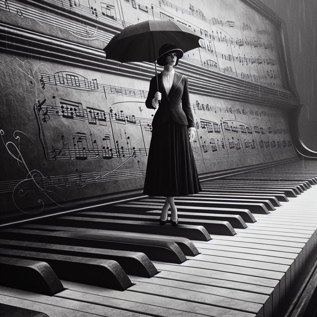 Sophisticated Lady Stands on Piano Keys