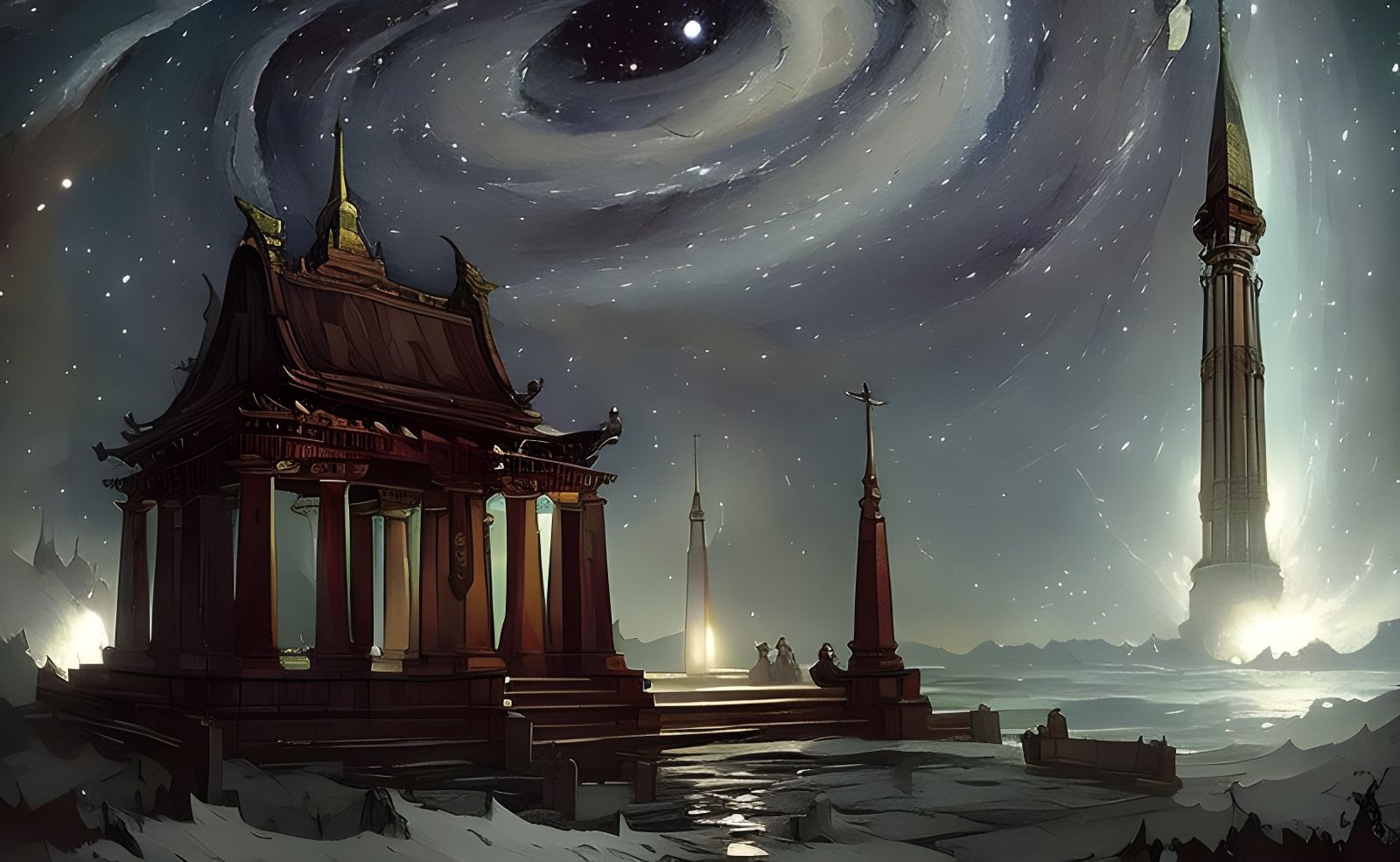 Cosmic Temple in Starry Sky Impasto Painting