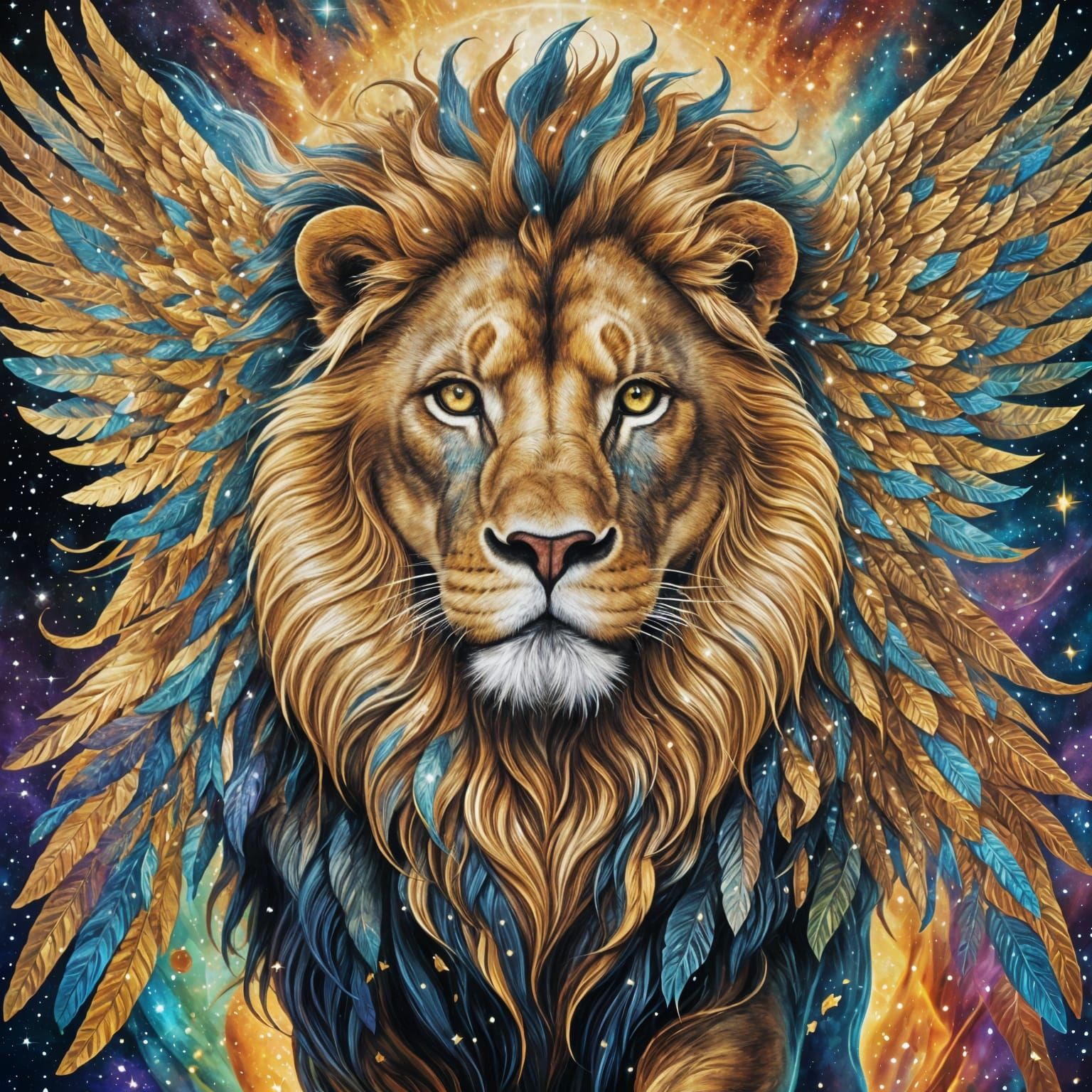 Majestic lion entering a golden gate surrounded by angels