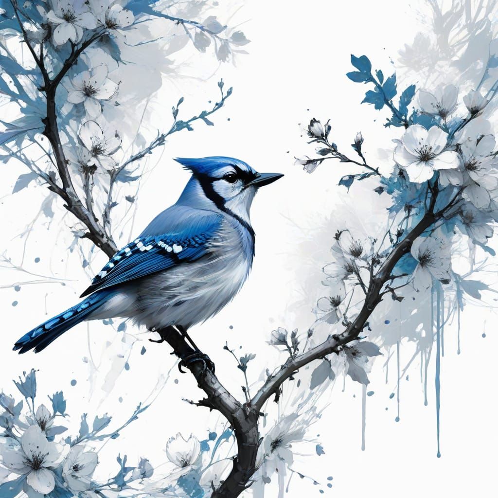 Enchanting Surreal Bluejay Blossom Tree in Cyberpunk Digital...