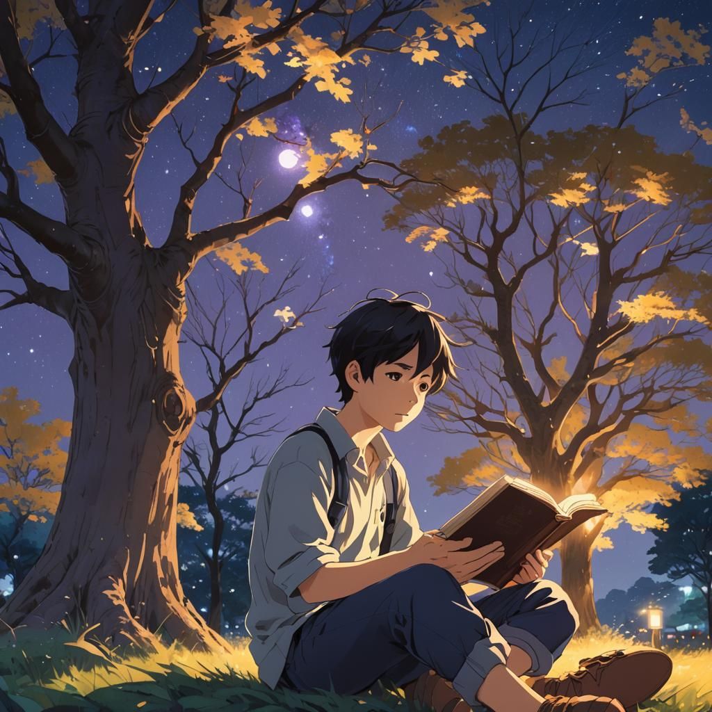 Boy Reading Under Starry Tree: Anime Concept Art