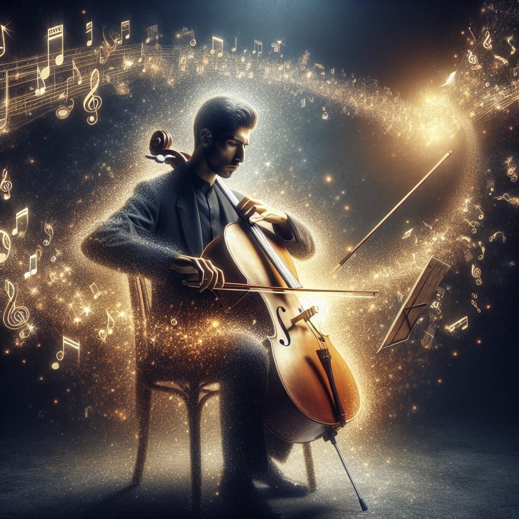Cellist's Expressionistic Performance with Floating Notes