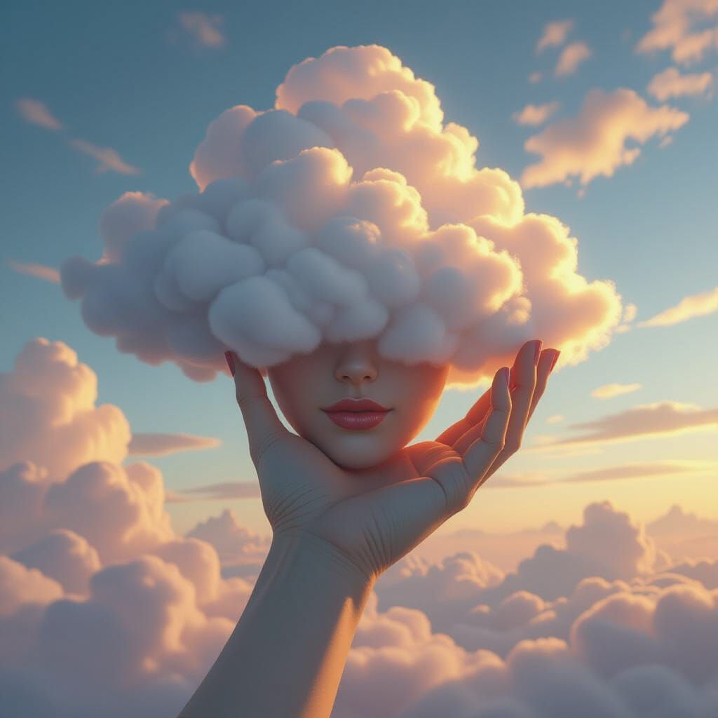 Giant Ethereal Hand Holds Cloud in Dynamic Sky