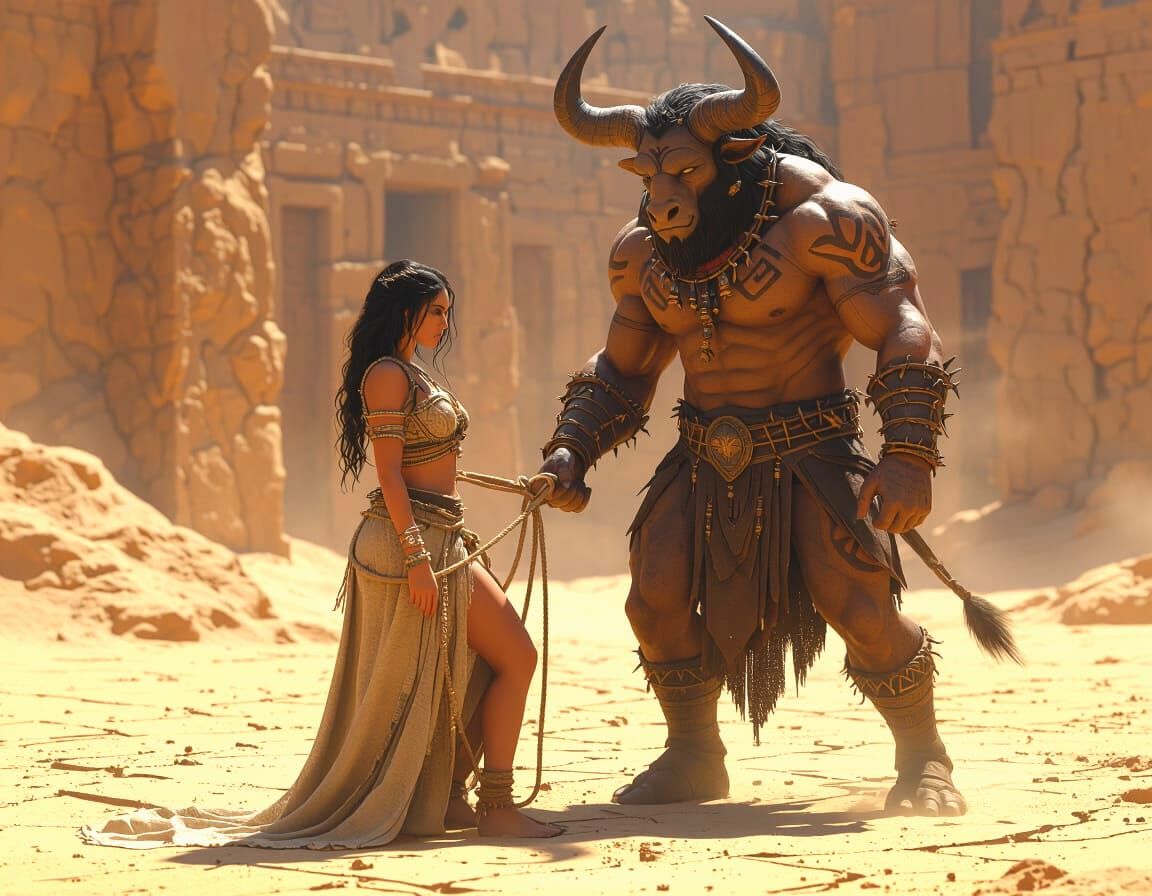 Minotaur Pulls Vestal Prisoner Through Desert Labyrinth