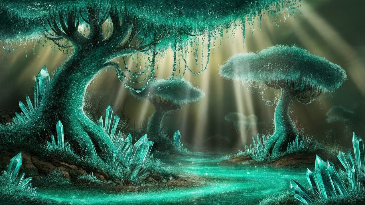 Glowing Turquoise Crystal Forest Illustration