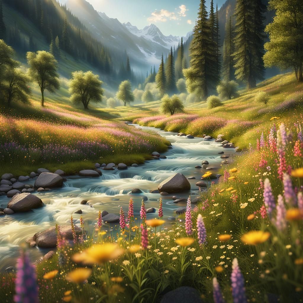 Lush River Meadow in a Dreamlike Fantasy Landscape