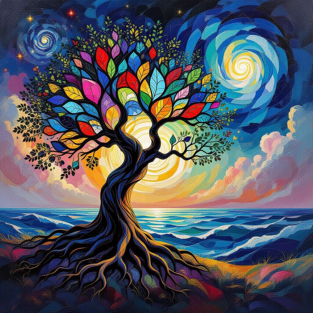 Ancient Tree Roots in Celestial Ocean, Stained Glass Leaves