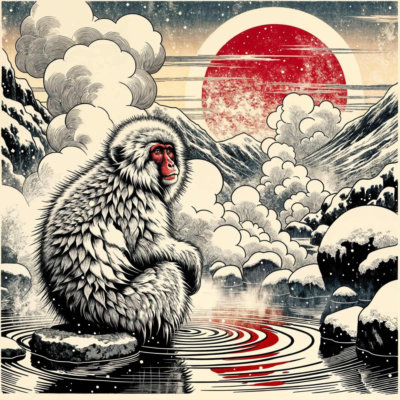 Serenity in Winter's Embrace: Japanese Snow Monkey in Hot Sp...