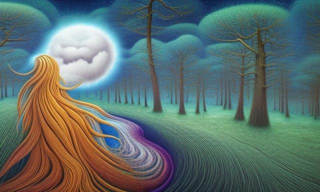 Surreal Woman in Sun and Moon Clouds