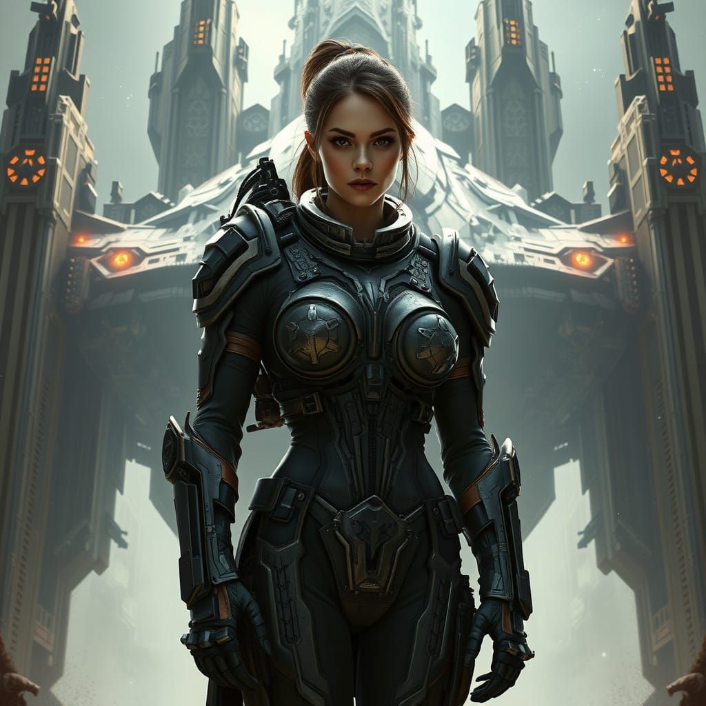 Female Starship Pilot in Gothic Cathedral Ship