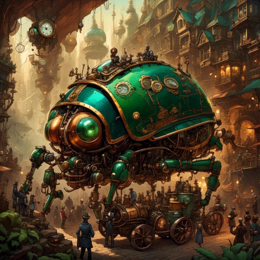 <lora:Steampunk XL:1.0> Steampunk picture of a scarab beetle automaton spying on a secret meeting between 2 steampunk pi...