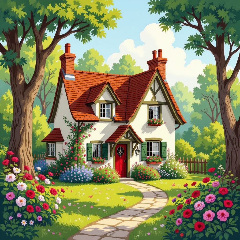 Charming Spring Cottage with Vibrant Flowers in Whimsical St...