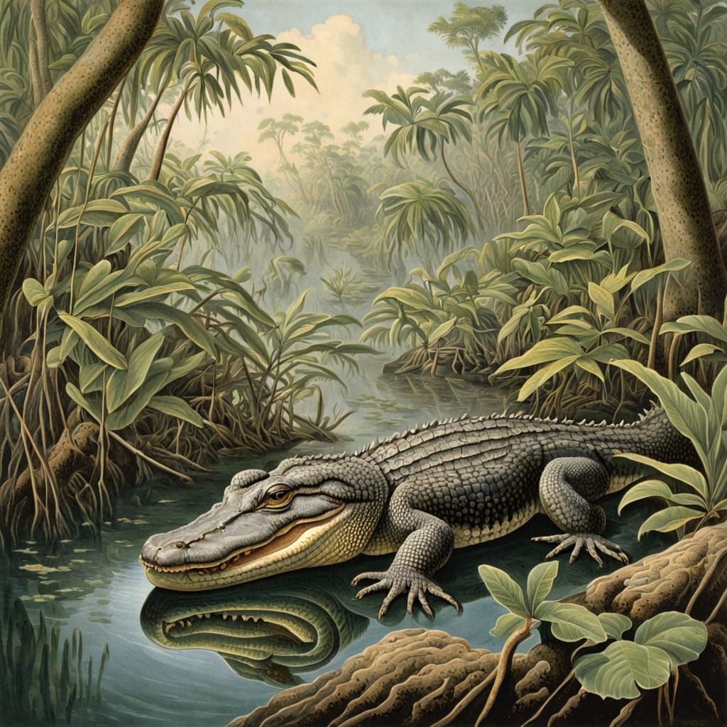 Alligator in Mangroves: Vintage Naturalist Illustration