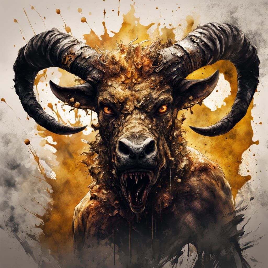 Glowing Minotaur Battles Alien in Vibrant Labyrinth