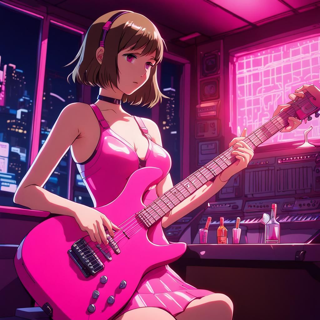 Anime Girl in Pink Club with Guitar