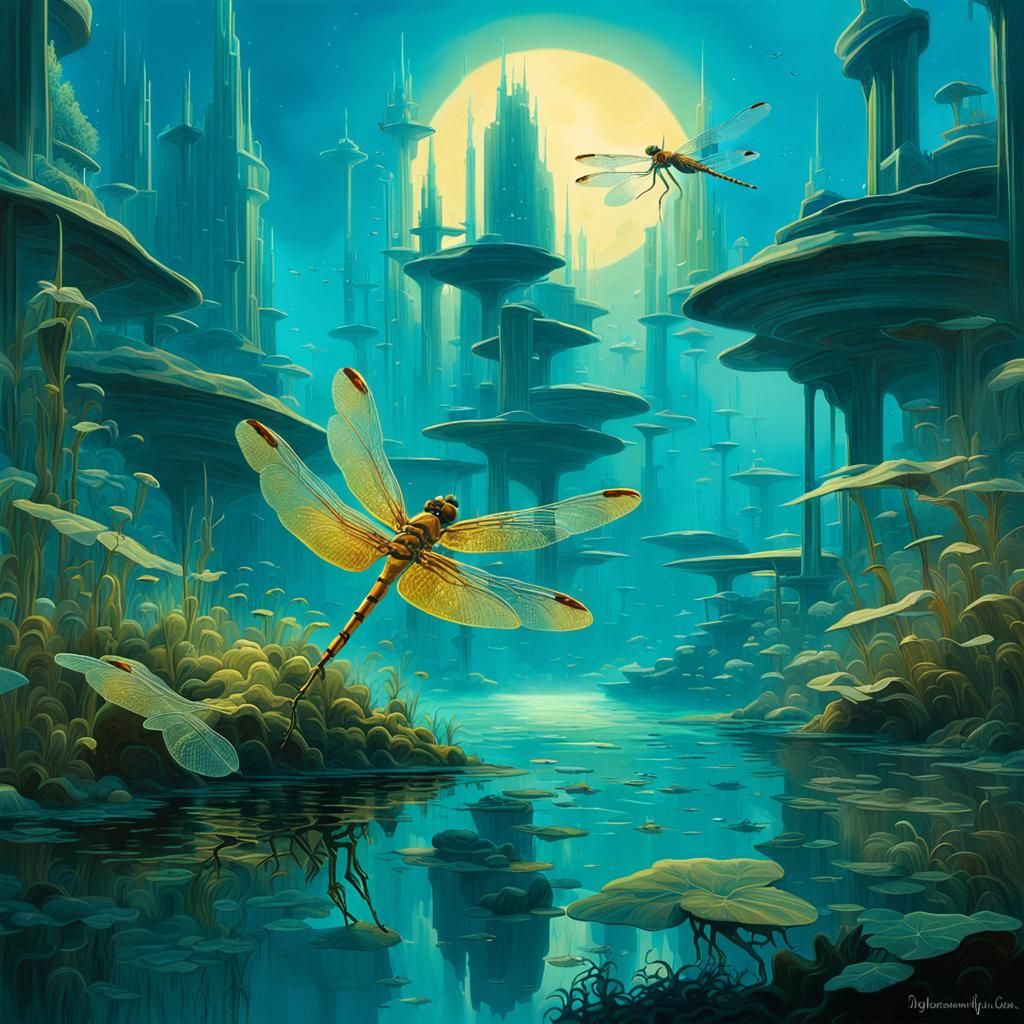 Underwater Cityscape with Golden Dragonfly in Surreal Style