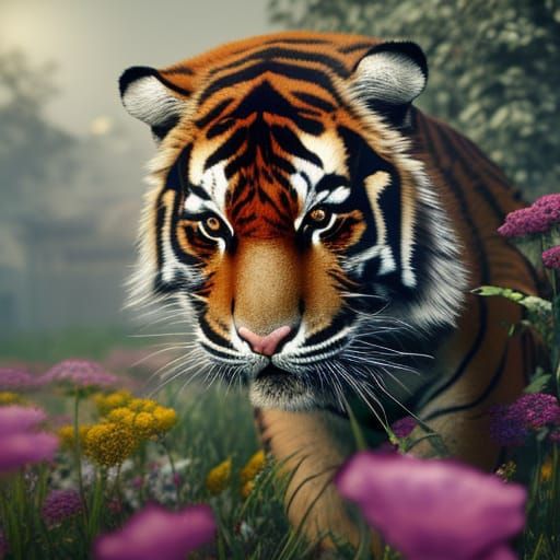 Adorable Baby Tiger Portrait in Art Nouveau Style