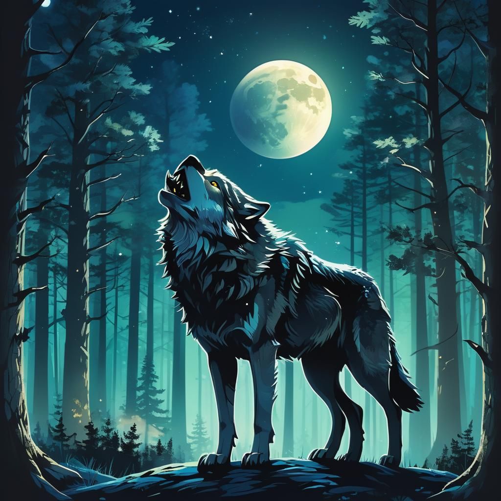 Wolf Silhouette in Forest: Mystical Vector Art
