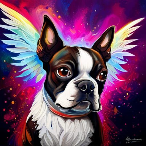 Boston Terrier with Angel Wings in Graffiti Art