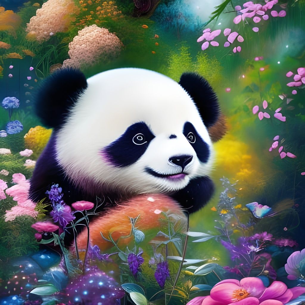Adorable Chibi Panda in Fantasy Garden