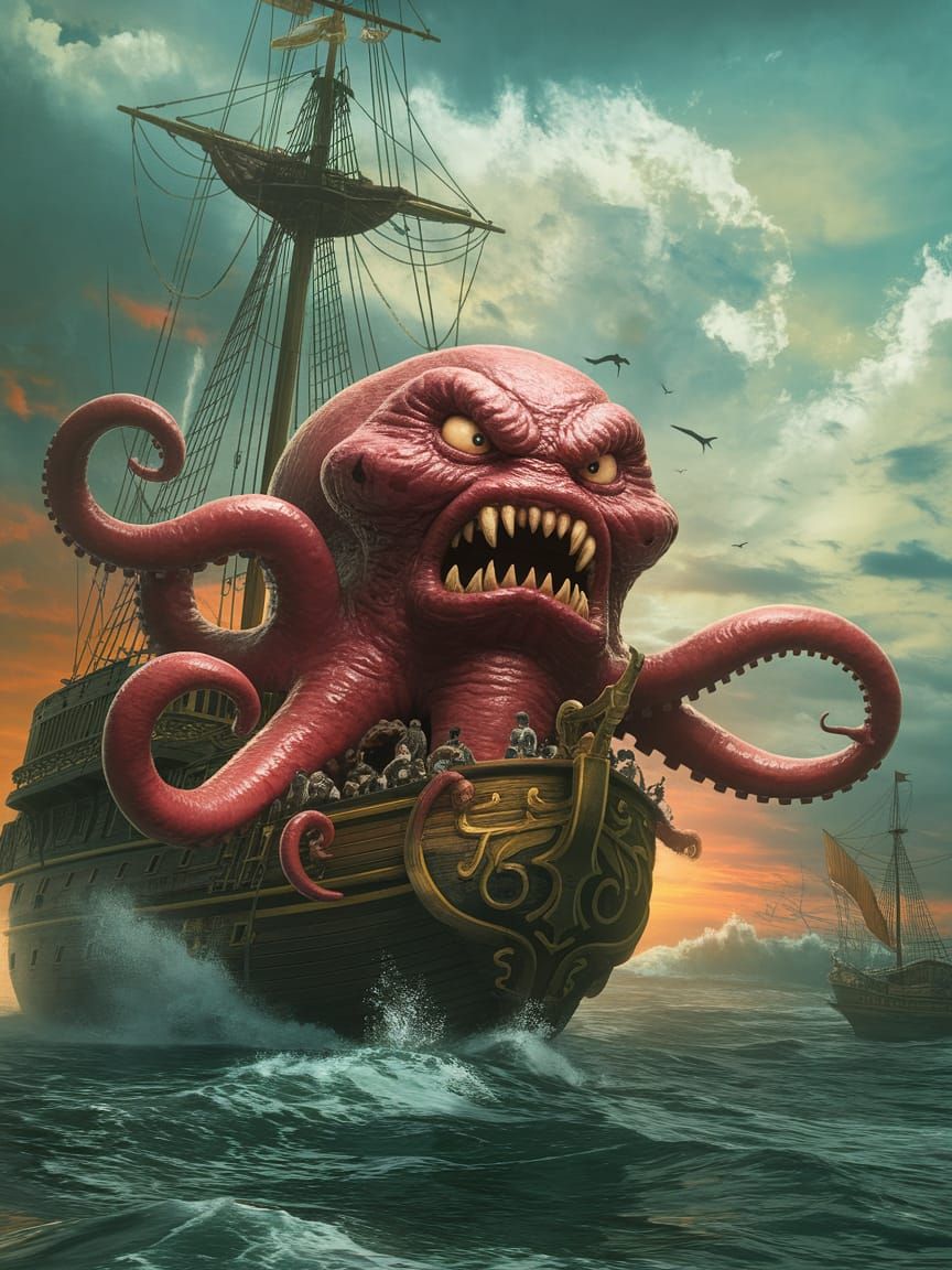 Giant Octopus Attacks Pirate Ship Under Fiery Sunset