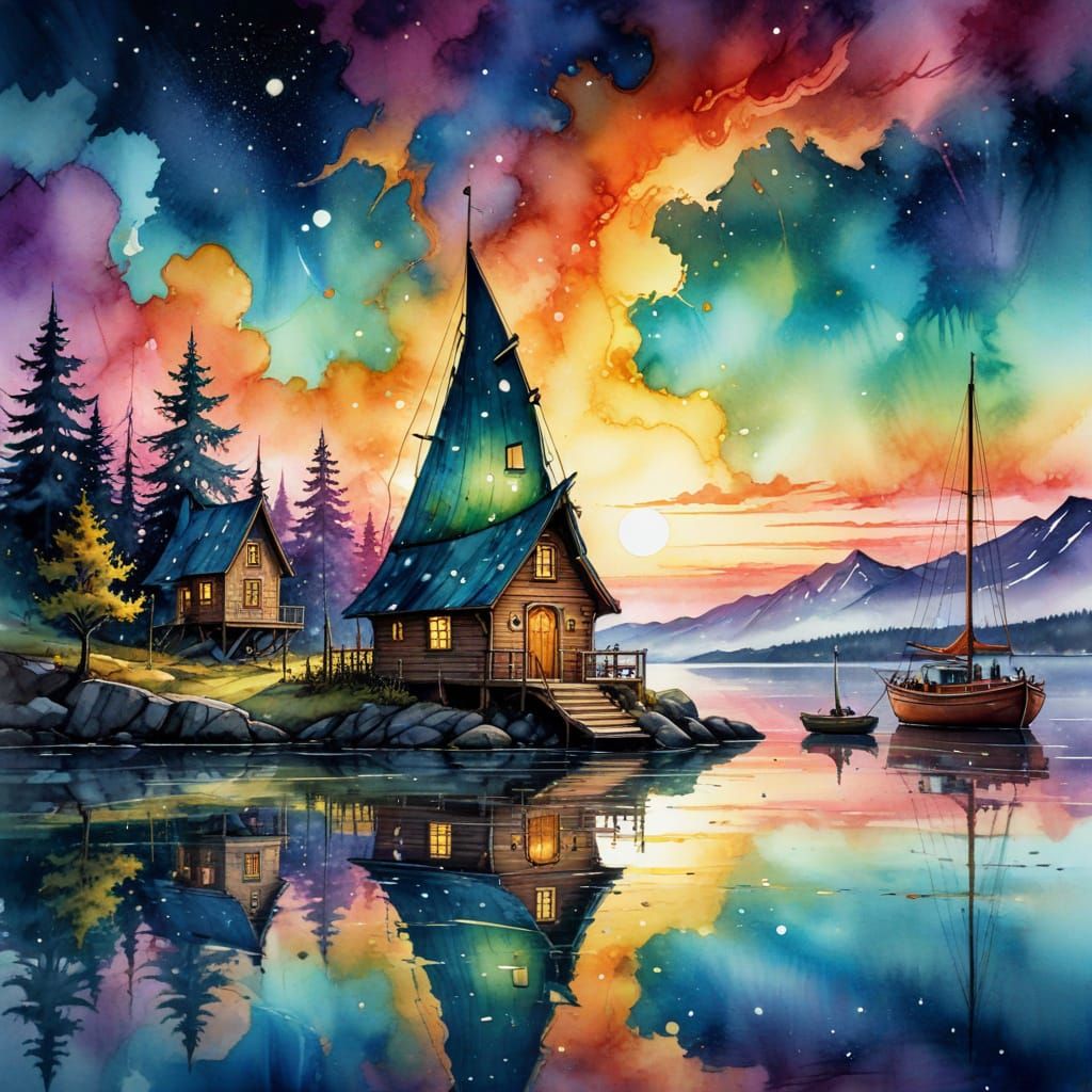 Sailboat Birdhouse: Whimsical Watercolor Fantasy at Twilight
