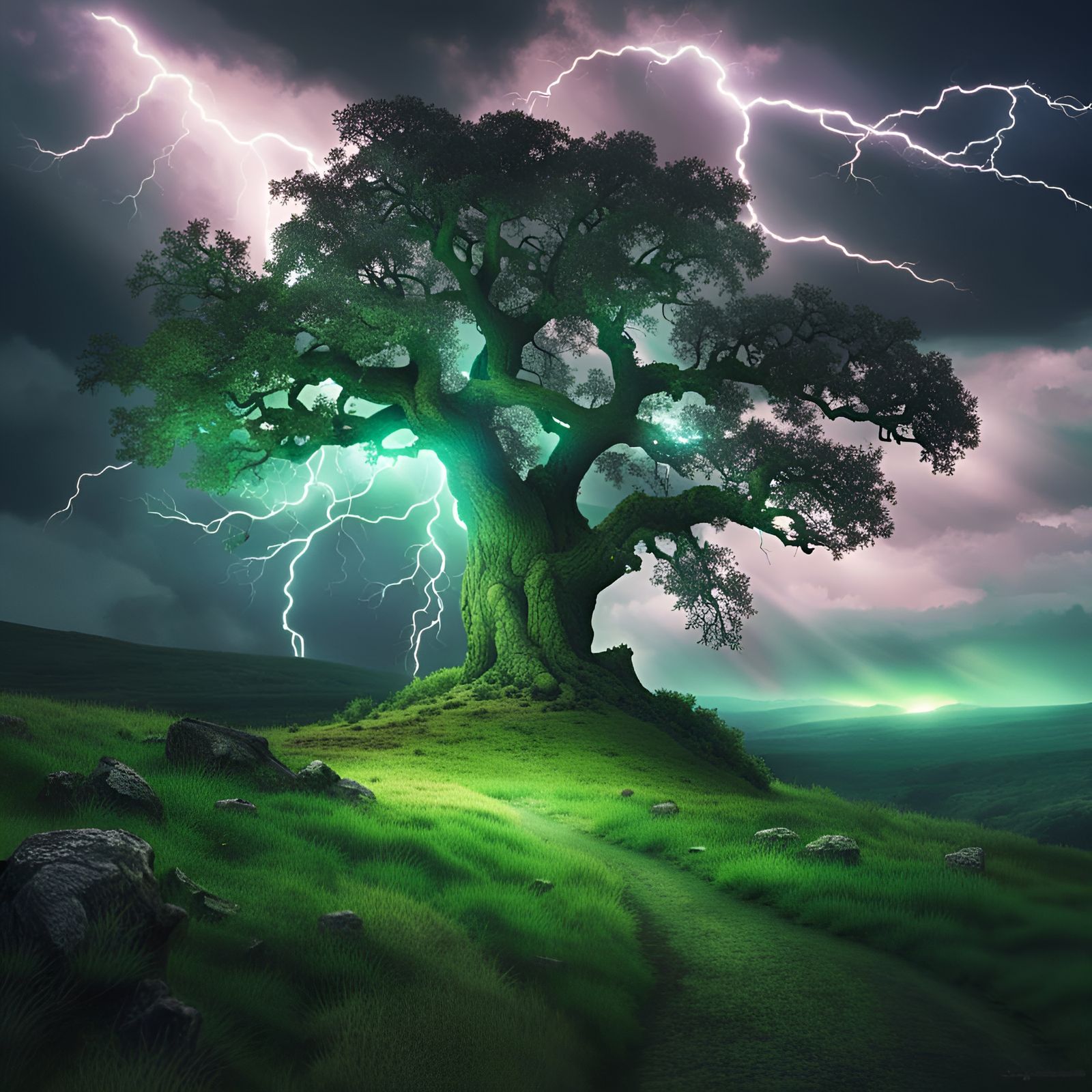 Oak Tree Thunderstruck: A Digital Painting