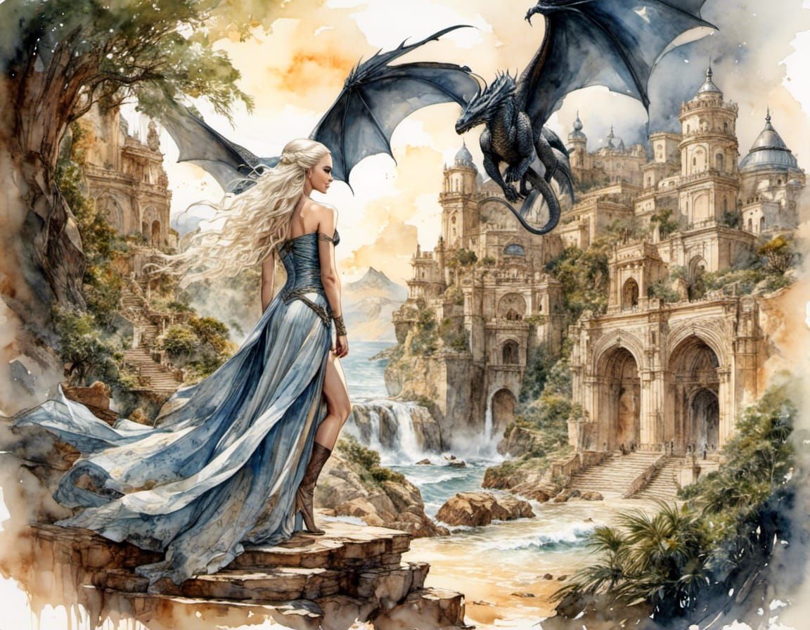 Daenerys Targaryen Portrait with Dragons in Watercolor Style