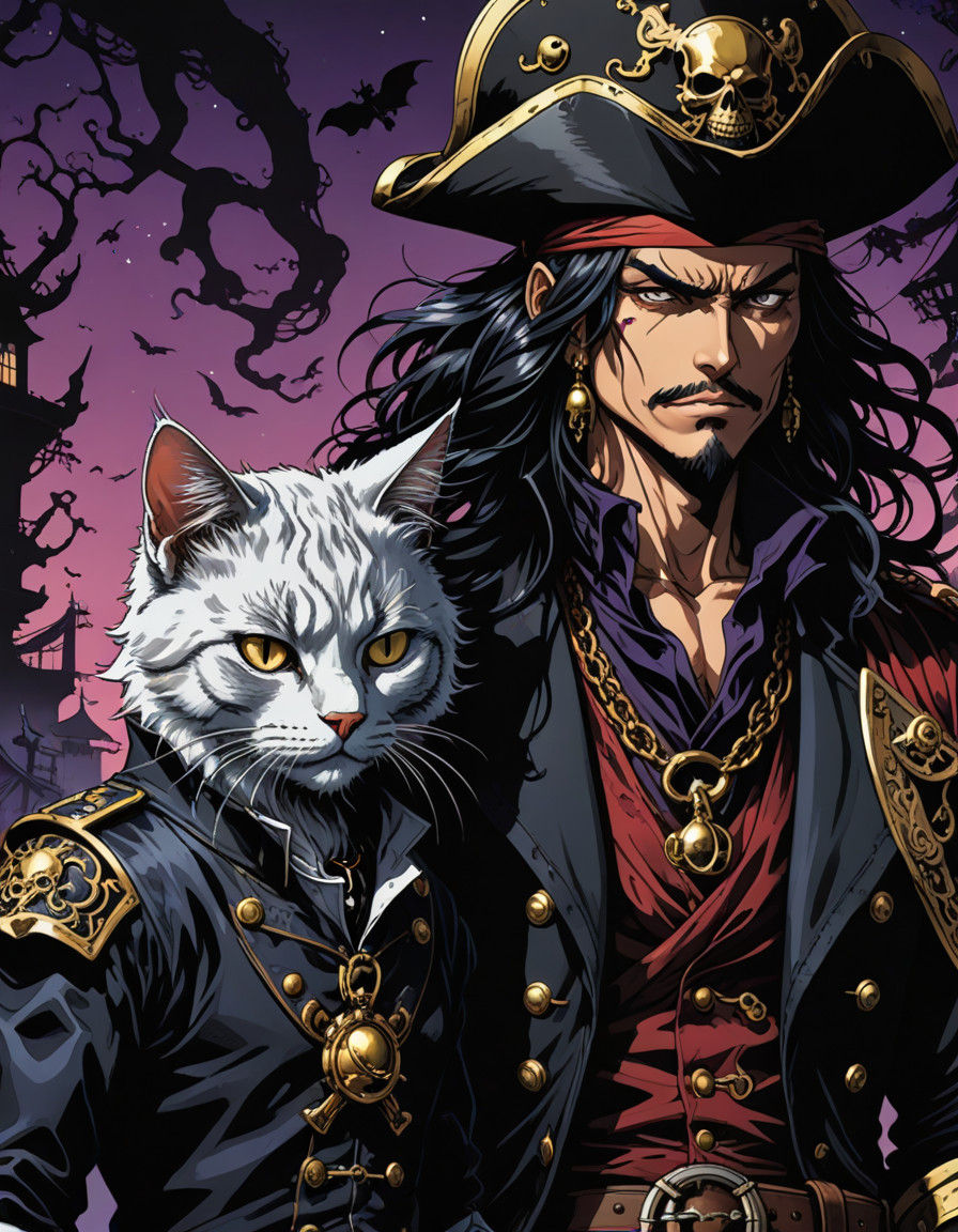 Grim Pirate Captain Surrounded by a Wicked Black Cat in Pira...