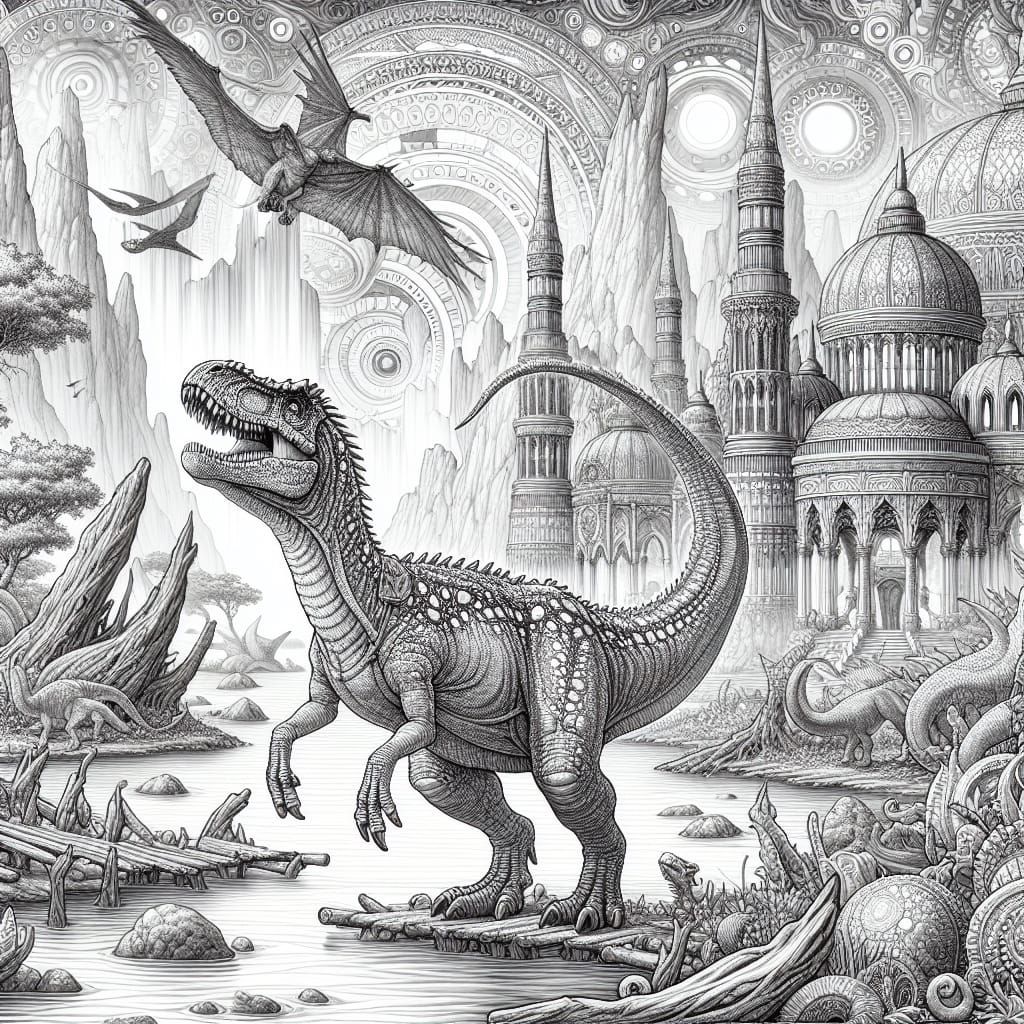 Dinosaur Fantasy Illustration for Coloring Book in Black and...