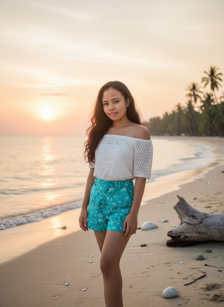 Realistic Beach Portrait of a Young Woman in Soft Light