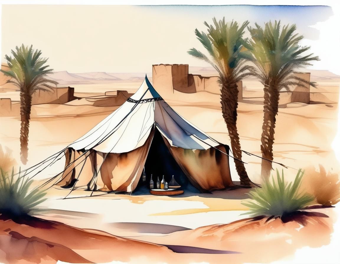 Oasis and Bedouin Tent Watercolor Painting