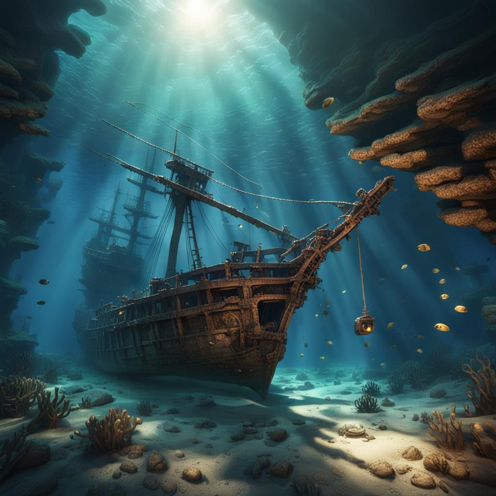 Sunlit Underwater Shipwreck: Detailed Matte Painting